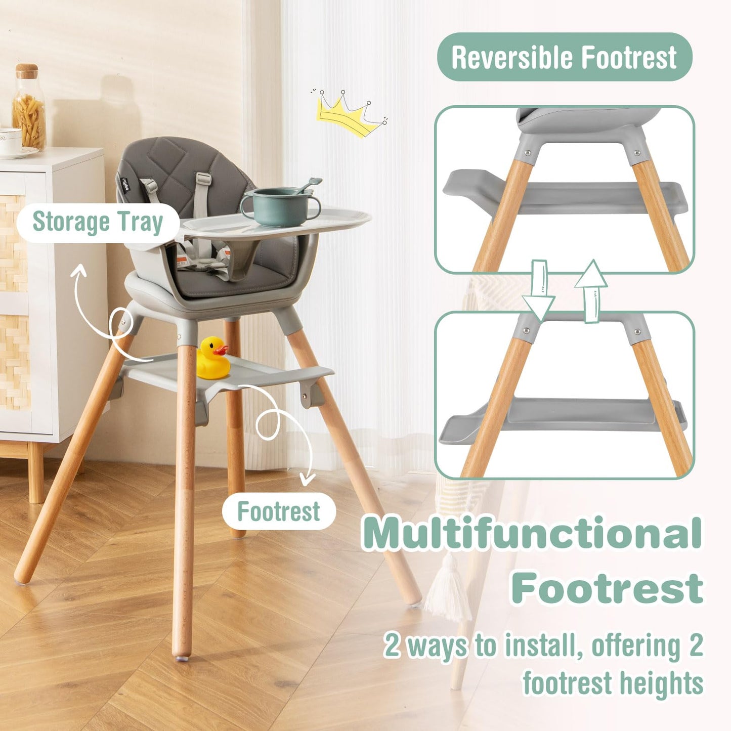 Baby Joy Baby High Chair, 6 In 1 Convertible Wooden Highchair For Babies & Toddlers With Adjustable Legs, Removable Double Tray,