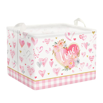 Clastyle Pink Flower Heart Basket Birthday Day Gift Basket Empty Girl Buffalo Plaid Shelf Basket Rectangle Clothes Book Toy Stor