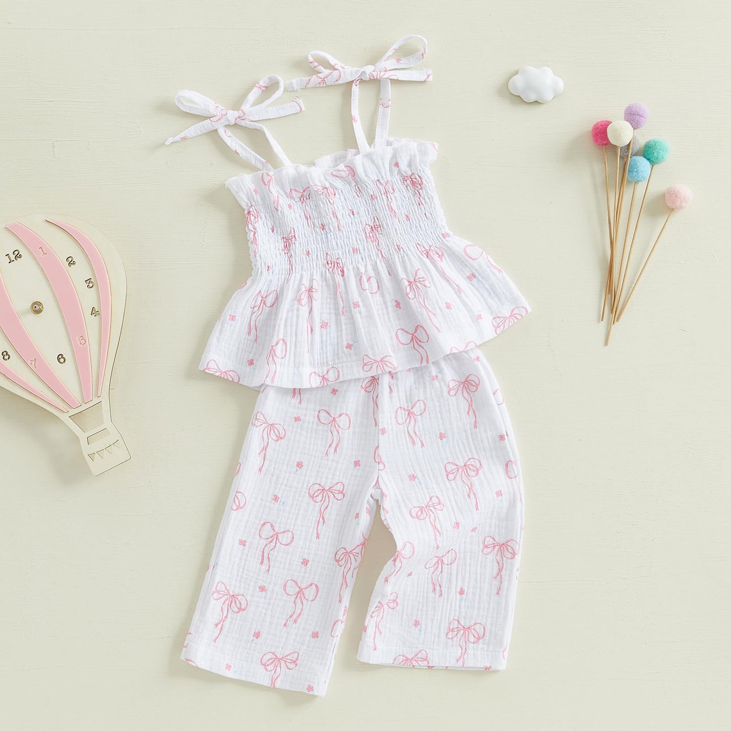 Visgogo Valentines Day Baby Girl Outfits Sleeveless Smocked Strap Camisole Linen Pants Heart/Bow Baby Summe Clothes (Bow&Daisy,