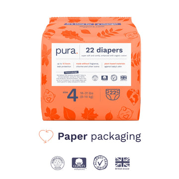 Pura Size 4 Eco-Friendly Diapers (18-31 Lbs) Hypoallergenic, Soft Organic Cotton, Sustainable, Up To 12 Hours Leak Protection, A
