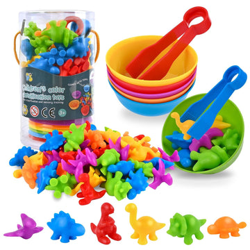 FLMRIOY Counting Dinosaurs Toy Matching Games, 56 Pcs Color Sorting Toys with Bowls Preschool Learning Math Activities for 3-6 K