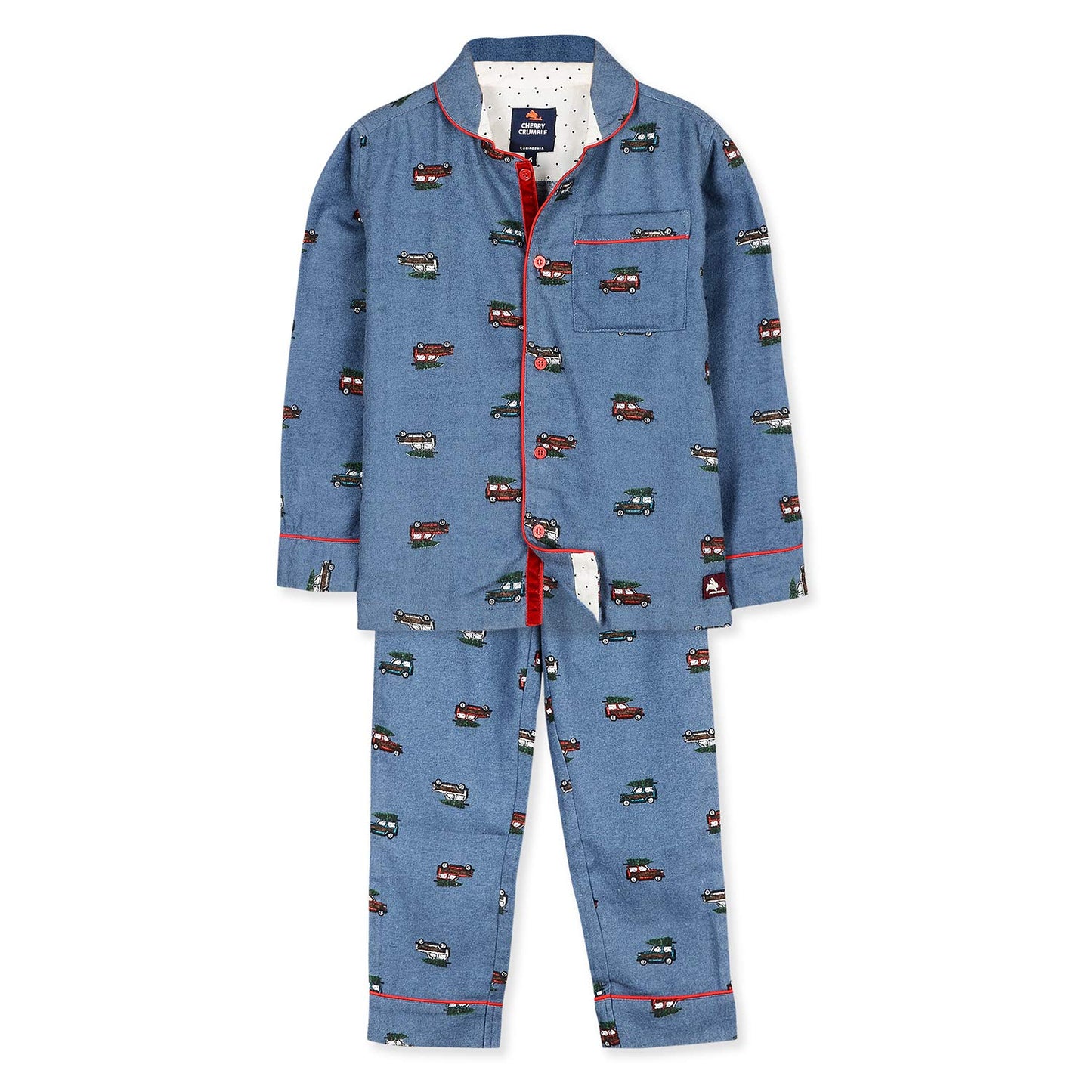 Cherry Crumble Blue Printed 100% Cotton Full Sleeves Collar Neck Night Wear Regular Fit Winter Nightsuit for Boys and Girls