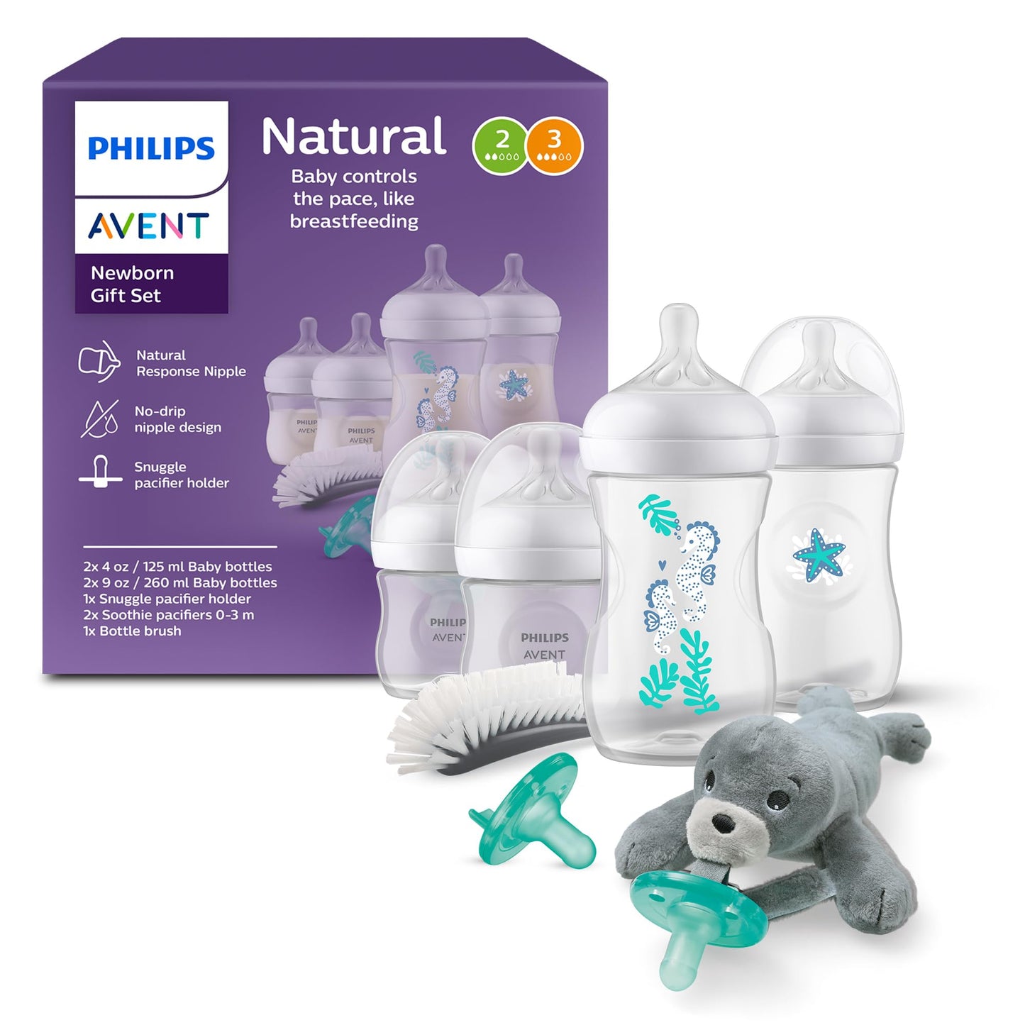 Philips Avent Natural Baby Gift Set, Bottles with Natural Response Nipples, 2X 4oz (Slow Flow, Flow 2) & 2X 9oz (Medium Flow, Fl