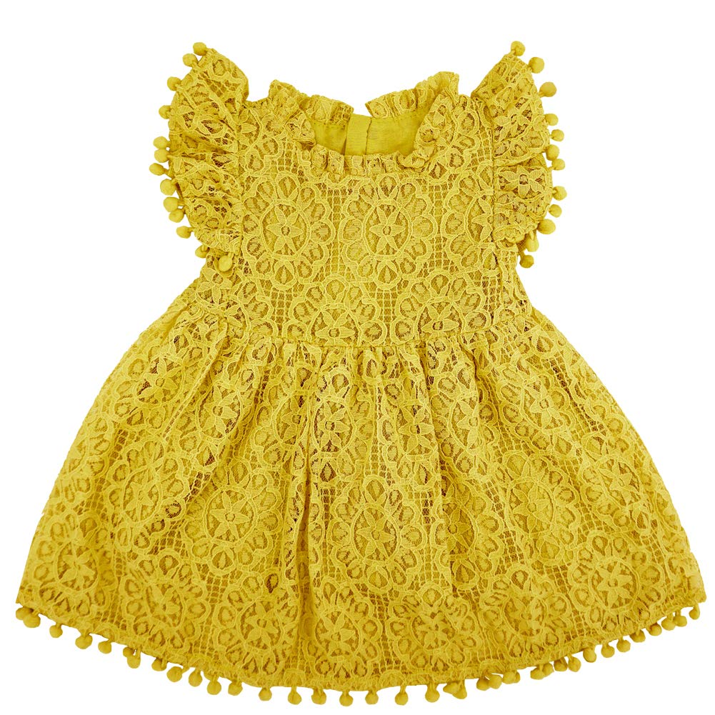 Bgfks Baby Girl Tutu Dress Elegant Lace Pom Pom Flutter Sleeve With Flower Headband Set(Mustard Yellow,18 Months)