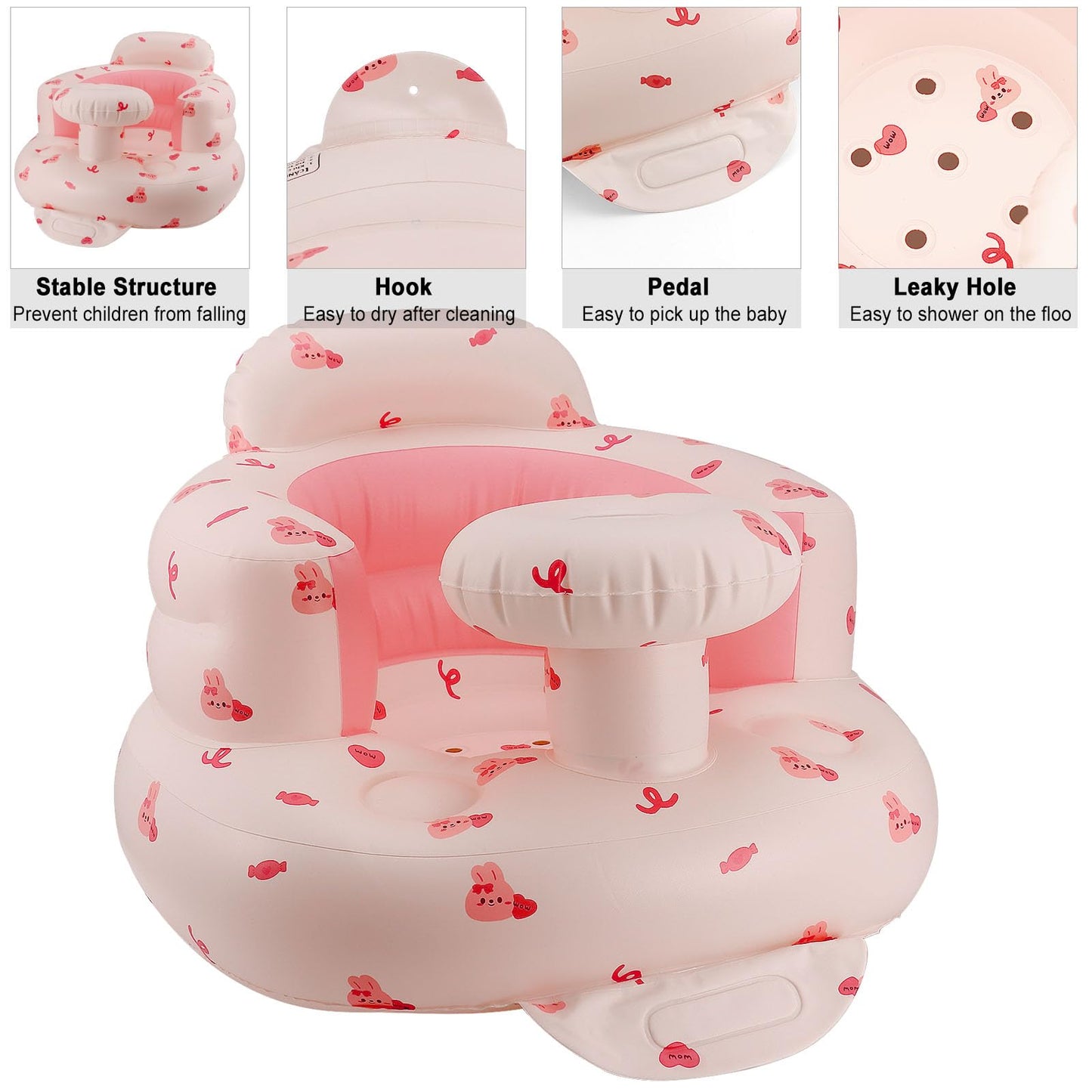 Pink Baby Inflatable Seat For Babies 3-36 Months Girl, Built In Air Pump, Bear Baby Support Seat Summer Toddler Chair For Sittin
