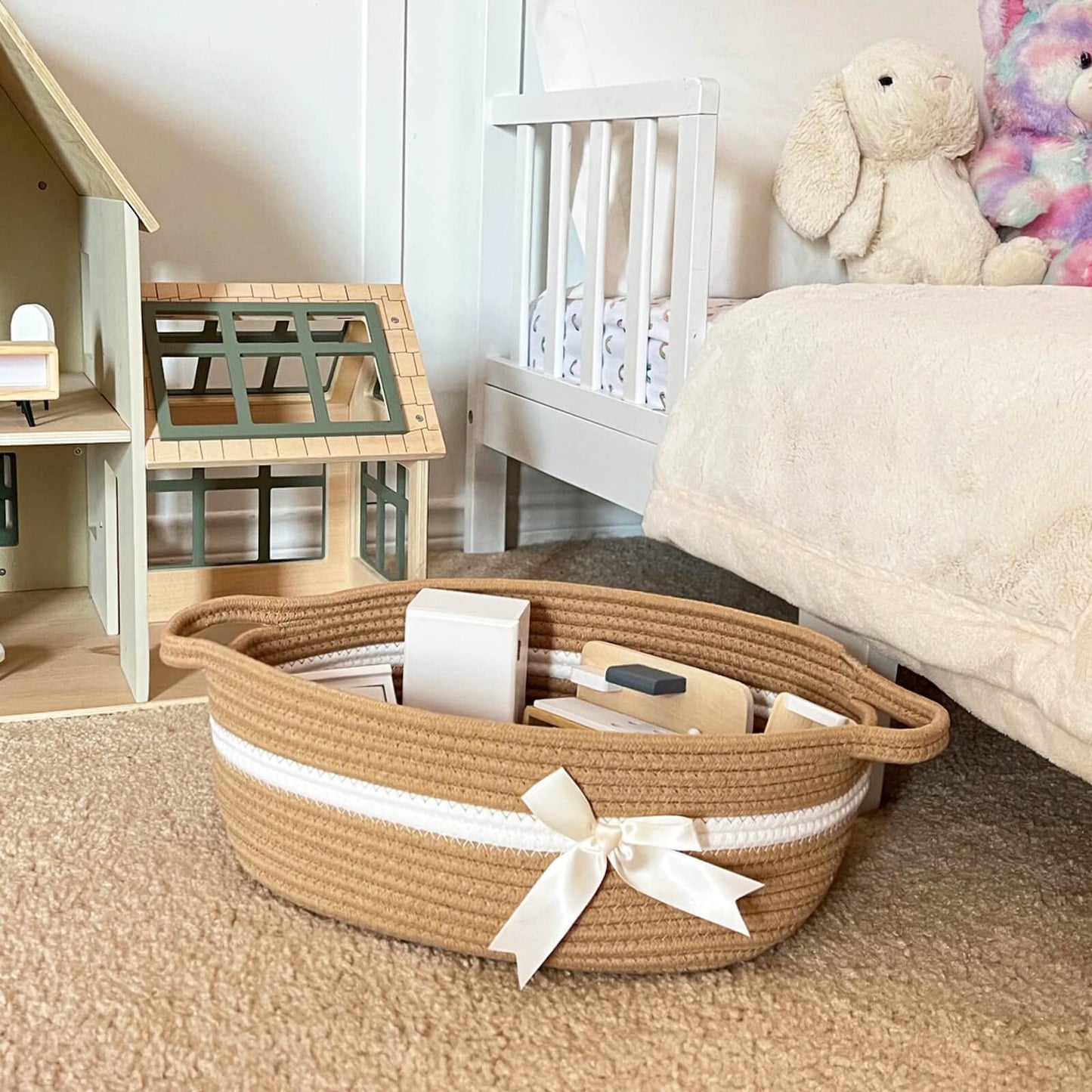 Chicvita Small Woven Rope Gift Basket, Baby Nursery Storage Basket For Towels, Snacks, Toys, Diapers, Rectangle Shelf Basket For