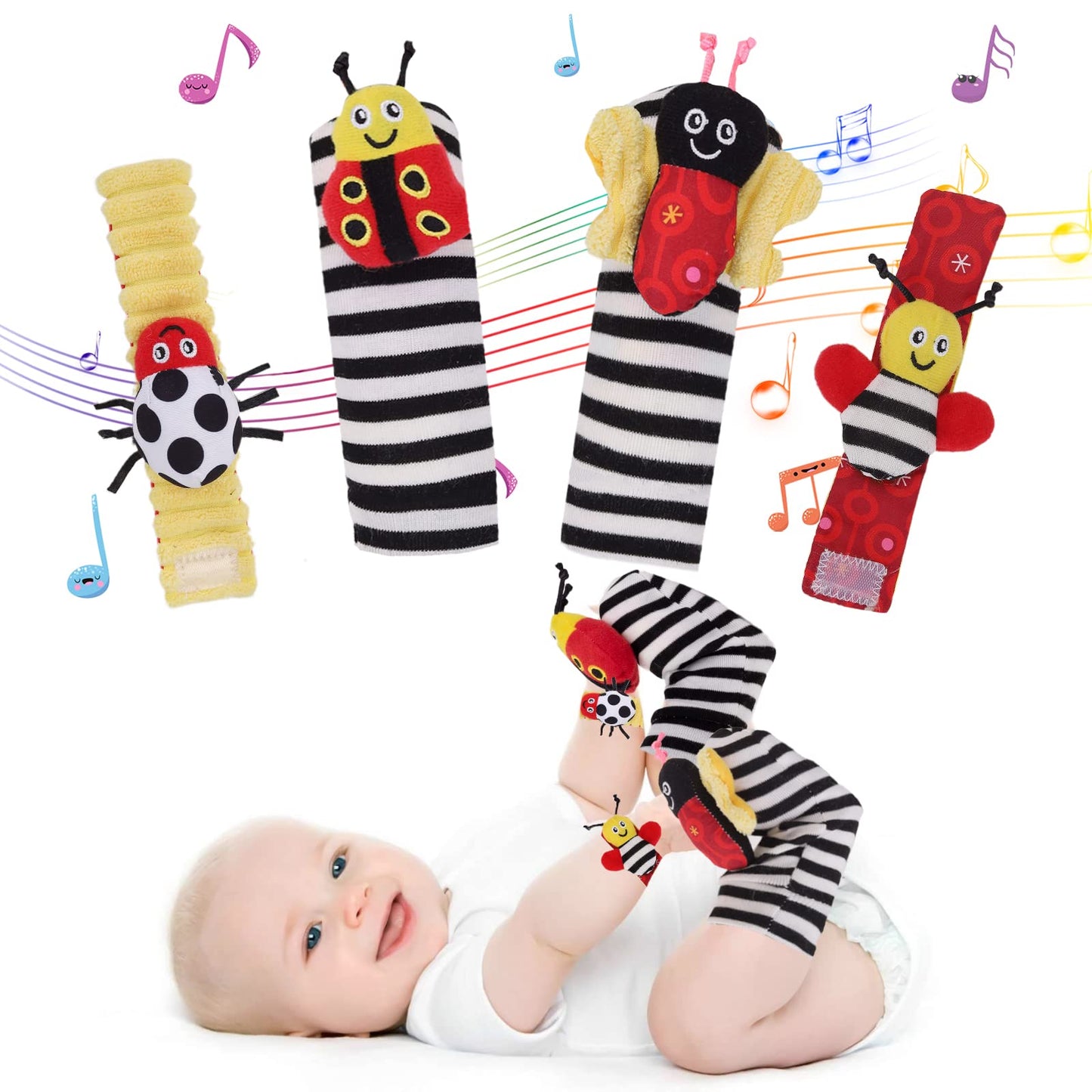 PADONISE Baby Wrist Rattle Socks and Rattles Socks Set Cartoon Baby Socks Baby Toys for Toddlers 1-3 Year Old Newborn Sensory To