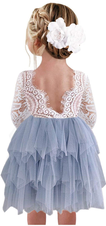 2Bunnies Girl Peony Lace Back A-Line Tiered Tutu Tulle Flower Girl Dress (Gray Sleeve Short, 3T)