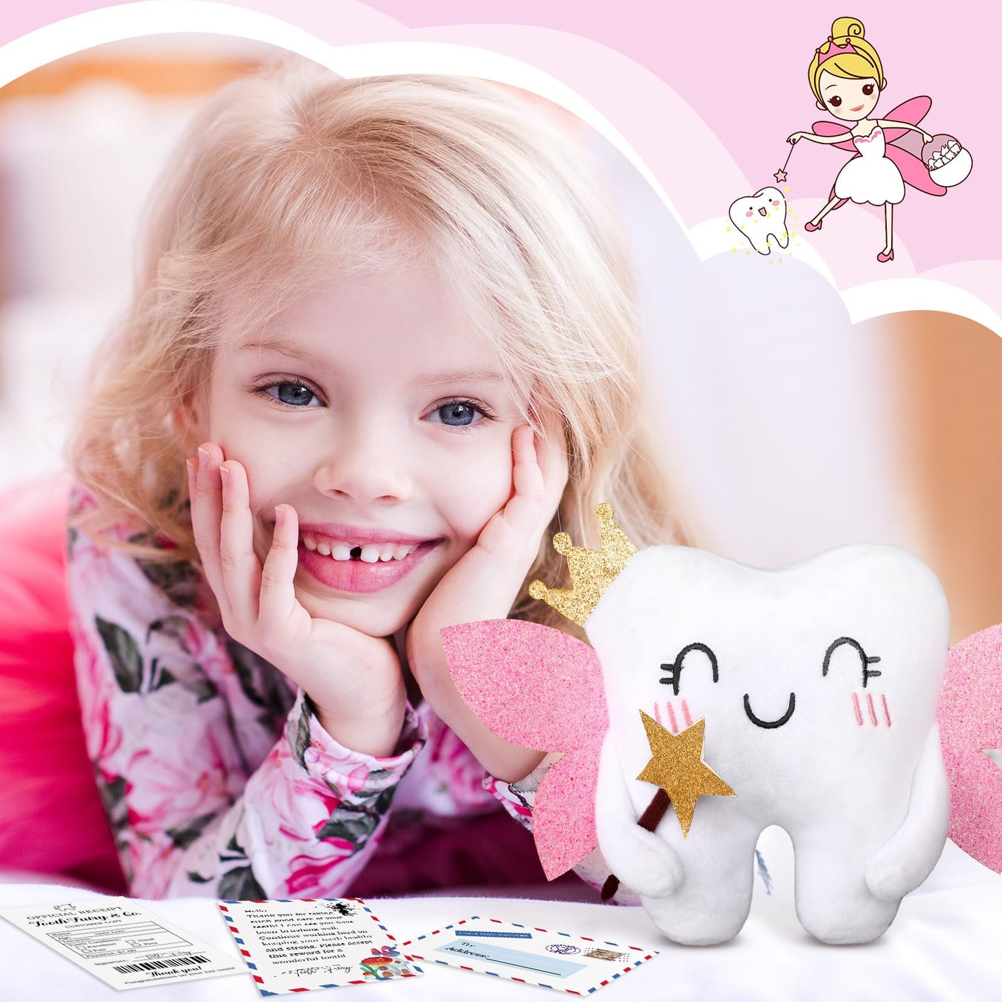 Threehoney Tooth Fairy Pillow Kit Includes Toothfairy Pillow With Pocket Fairy Glitter Receipt Envelope Card, Toothfairy Plush K