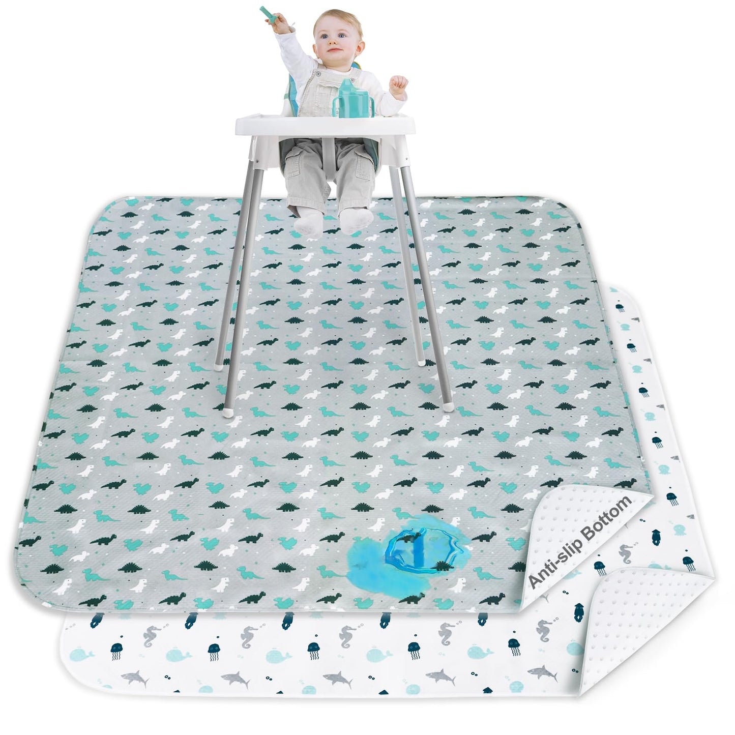 Splat Mat 2 Pack For Under High Chair & Arts & Eating Mess, Waterproof Baby Playtime Anti-Slip High Chair Mat For Floor Or Table