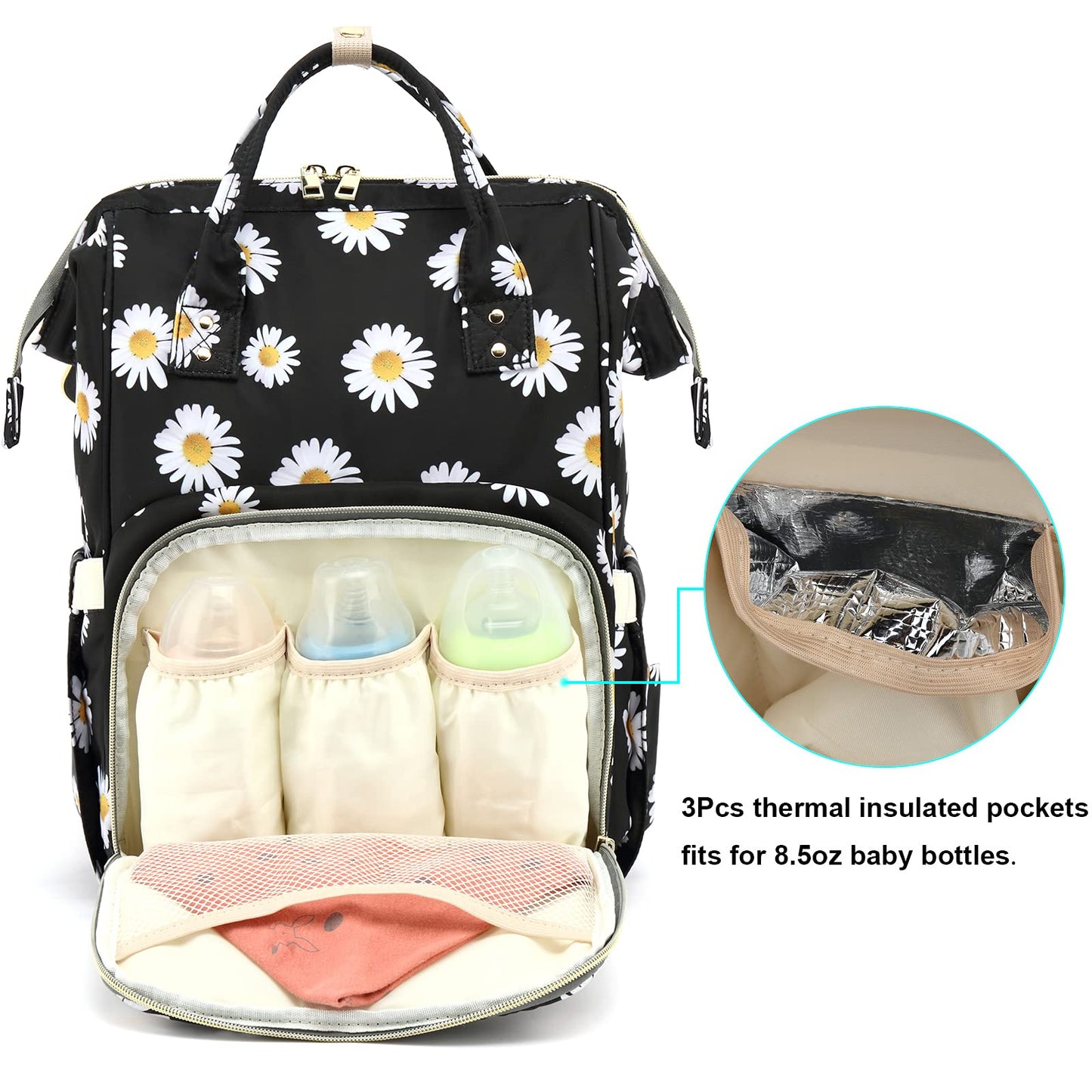 Yusudan Floral Diaper Bag Backpack For Baby Girls Boys, Flowers Mom Nappy Bags For Women (Daisy Black)