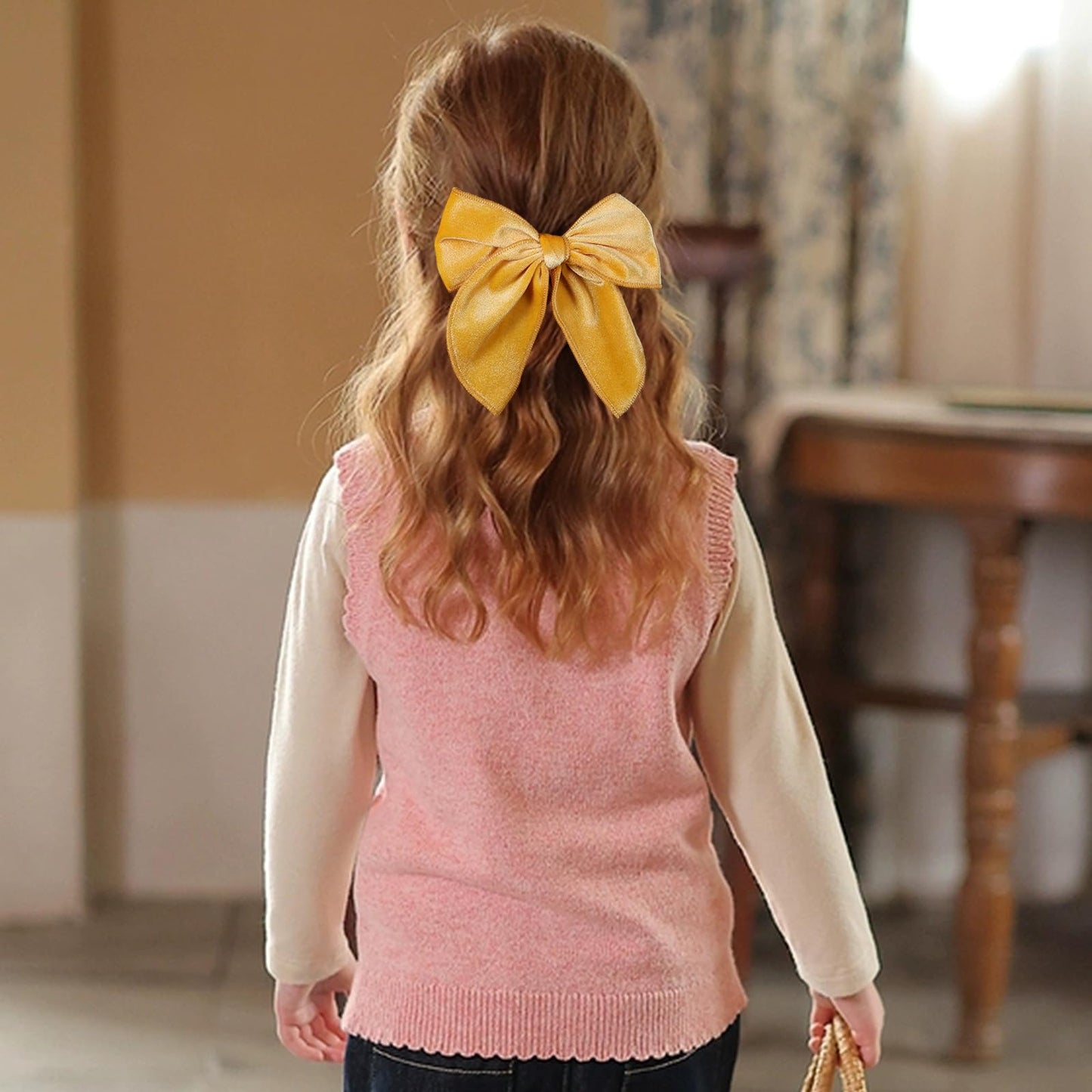 Yellow Velvet Ribbon Linen Hair Bows 5' Soft Velvet Fable Bow Alligator Clip Barrettes Toddler Teen Ponytail Knot Bows Hair Acc