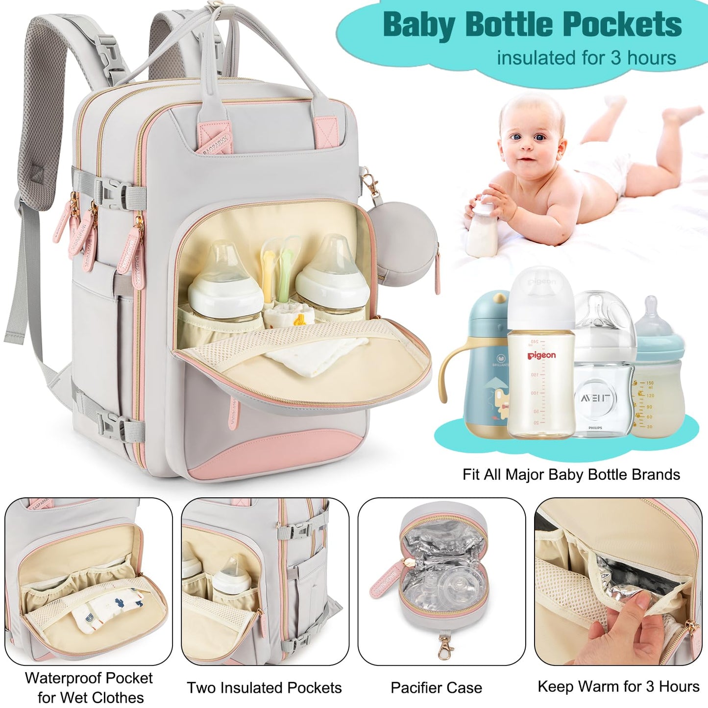 Bagparkk Diaper Bag Backpack, Multi Function Baby Bag With Portable Changing Pad, Pacifier Holder,Waterproof Diaper Bags With Us