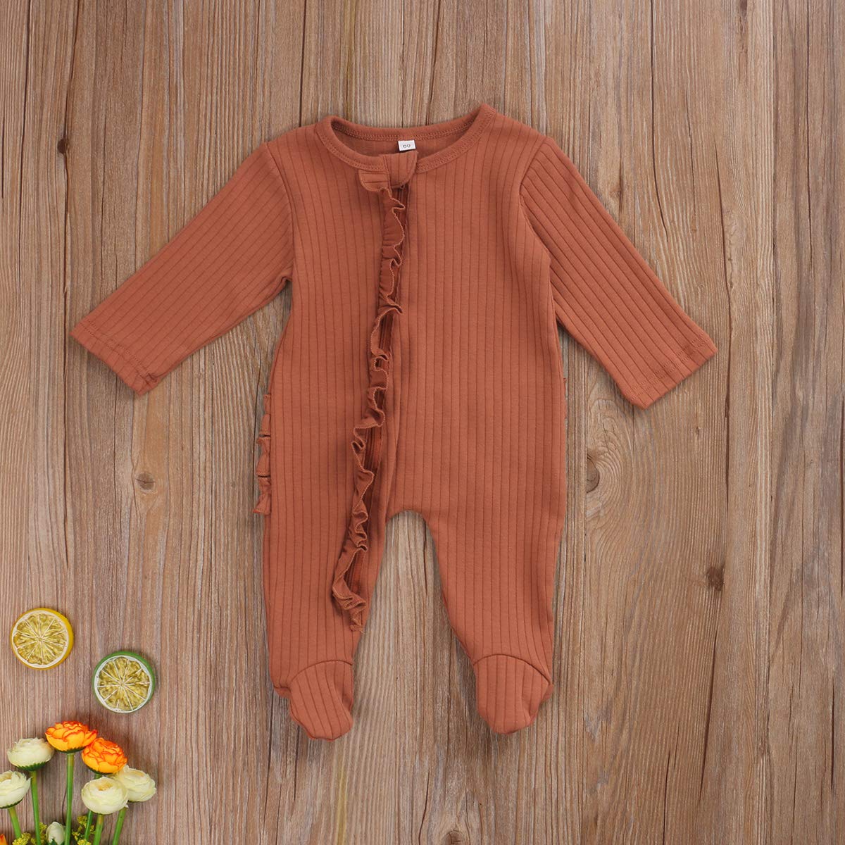 Kuriozud Newborn Baby Girl Boy Zipper Sleeper Ruffle Footed Romper One Piece Clothes (Orange Zipper Footie, 0-3 Months)