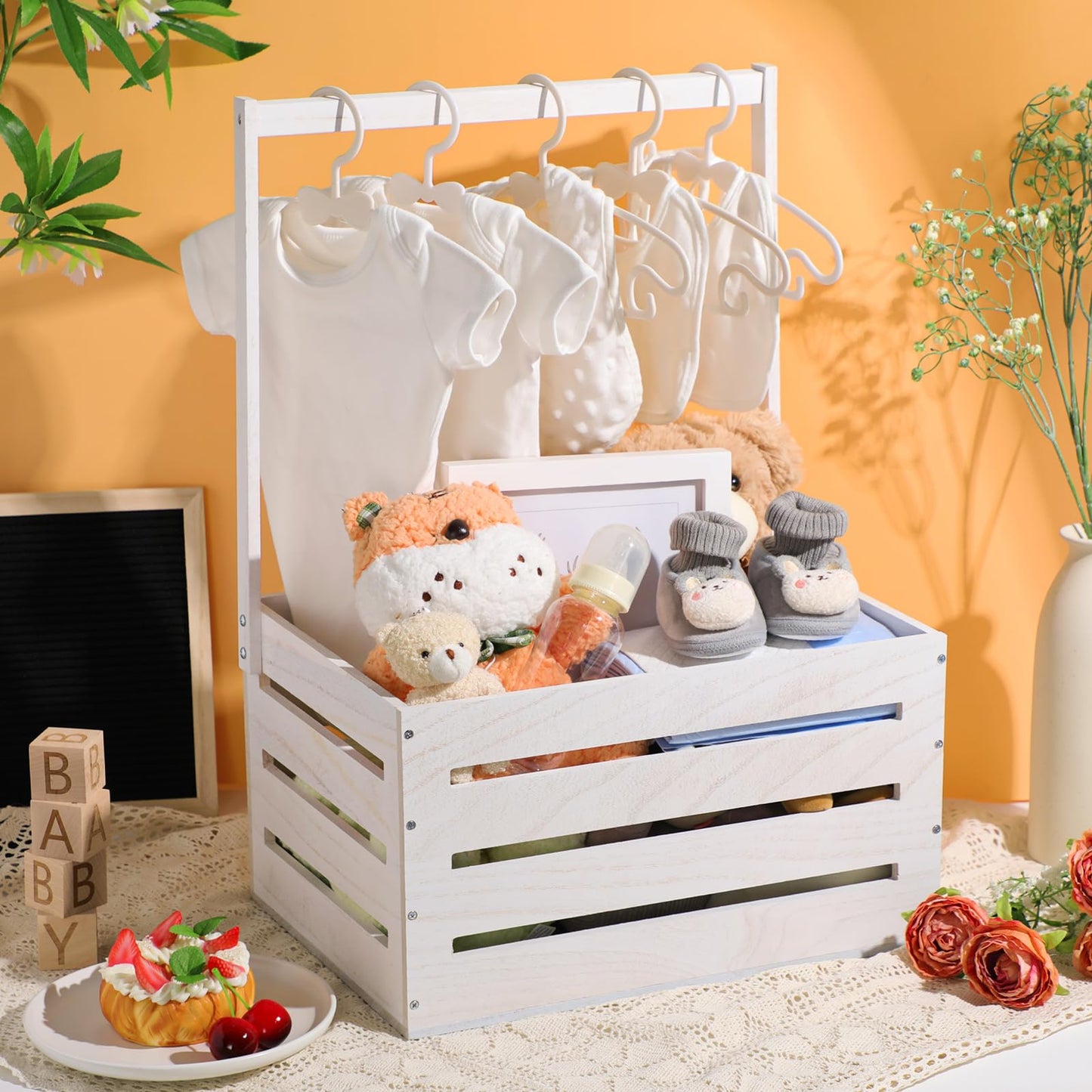 Suzile Wooden Baby Shower Crate Closet, Baby Basket With Handle Baby Storage Crate Hamper, Baby Shower Wooden Gift Crate, Baby P