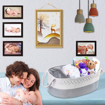 Lzellah Baby Diaper Caddy Organizer - Extra Large Nappy Caddy Rope Nursery Storage Bin - Baby Basket with 8 Pockets, 5 Compartme