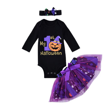 Minifeiko My First Halloween Baby Girl Outfit 3Pcs Pumpkin Bodysuit + Tulle Skirt + Bow Headband Clothes Set (Black & Purple, 3-