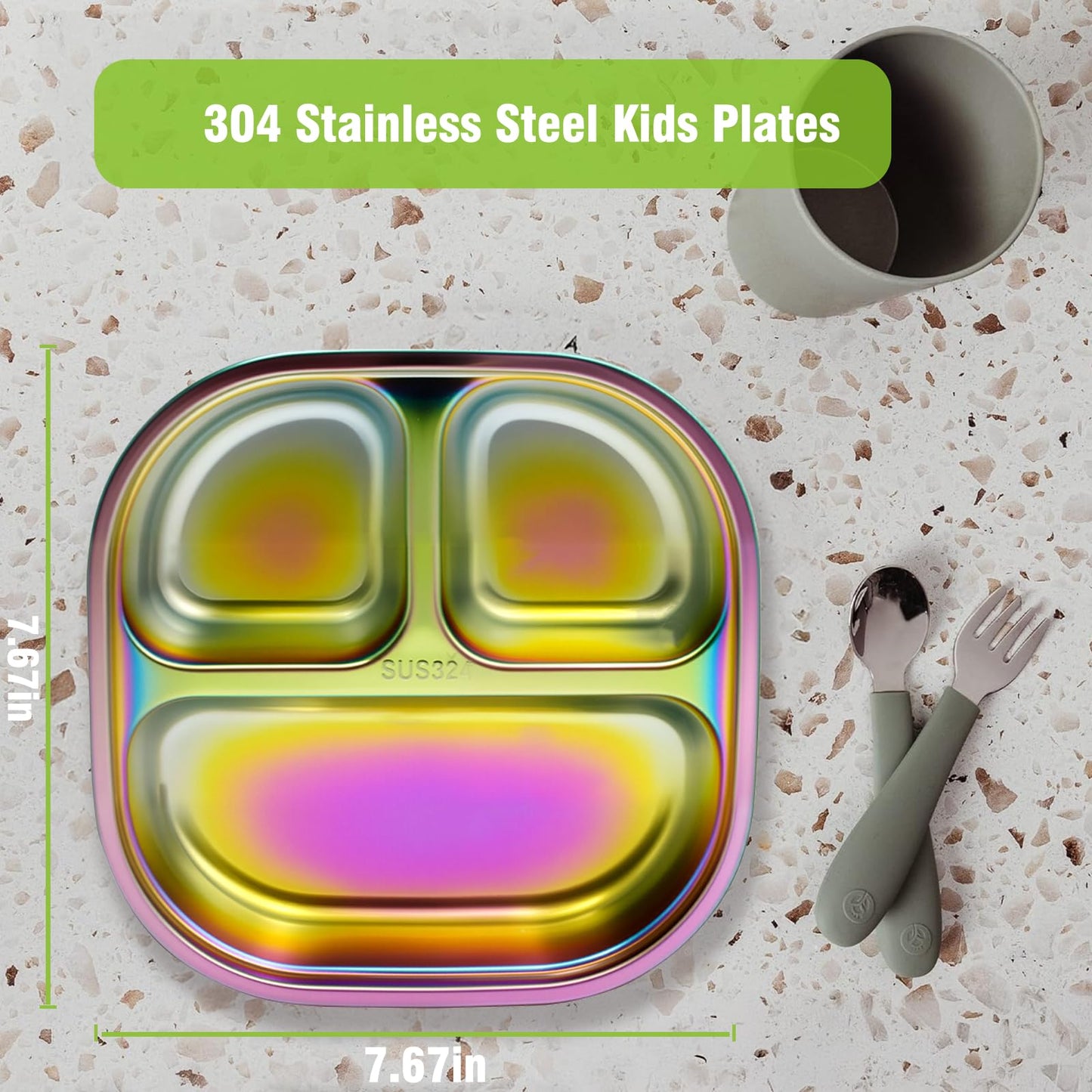 Spaclatio Stainless Steel Kids Plates, Divided Stainless Steel Toddler Baby Plates, Rainbow Non-Toxic Plates For Kids And Toddle