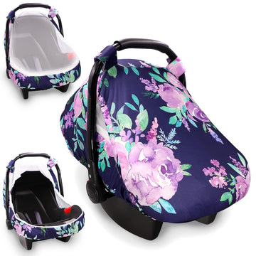 Baby Car Seat Cover, Purple Flower, Infant Carseat Canopy Girls, Summer Cozy Net Cover, Breathable Comfortable, Watercolor Flora