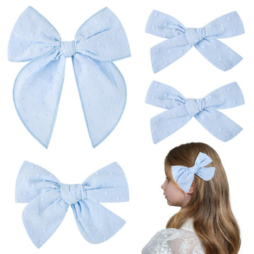 Deeka 4 Pcs Blue Cotton Linen Dot Hair Bows 3 Styles 5' & 4' Handmade Hair Bow Set For Toddler Girls Alligator Hair Clips Knot