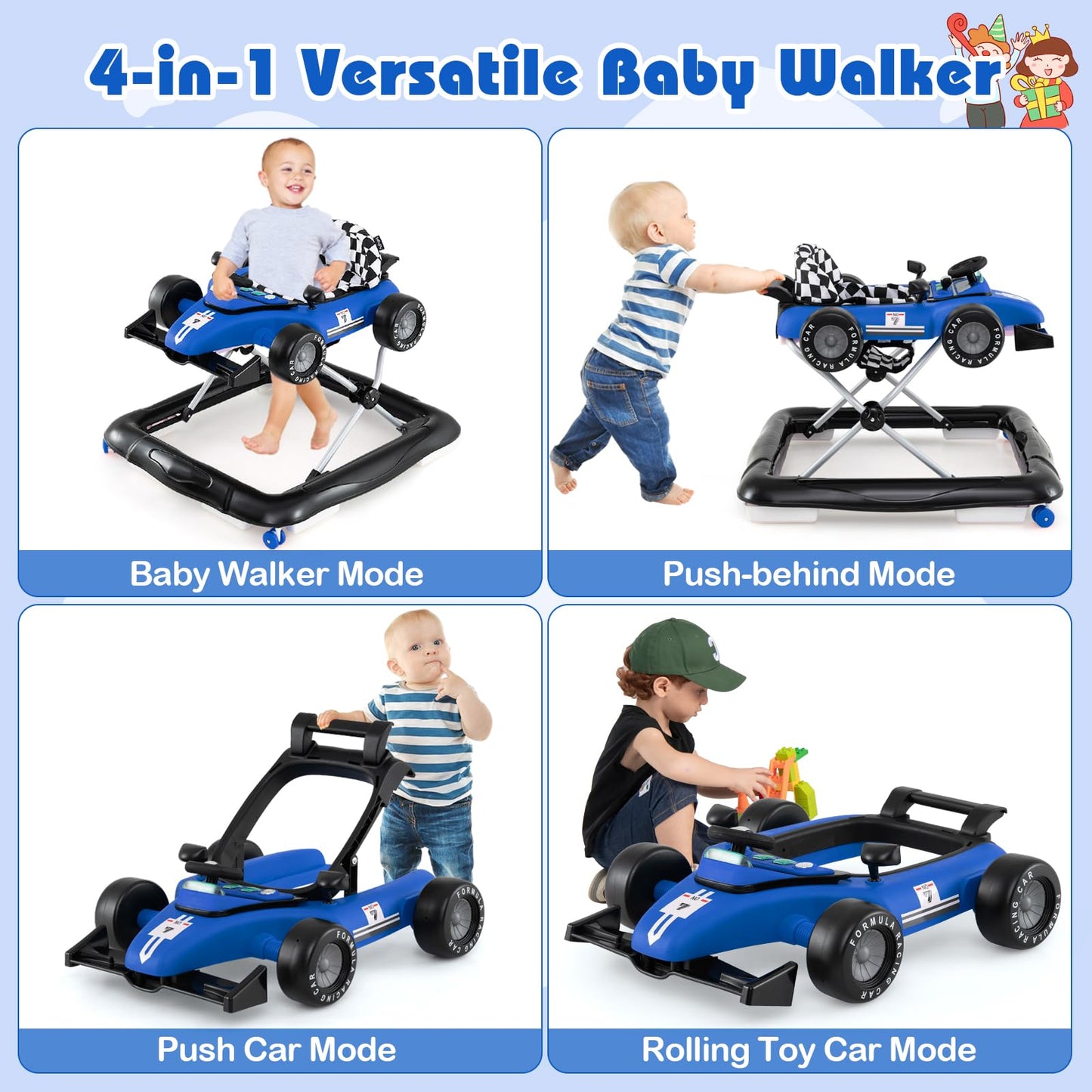 Baby Joy 4-In-1 Baby Walker, Foldable Activity Walker With Push Mode, Adjustable Height, Lights, Anti-Rollover, Baby Walker With