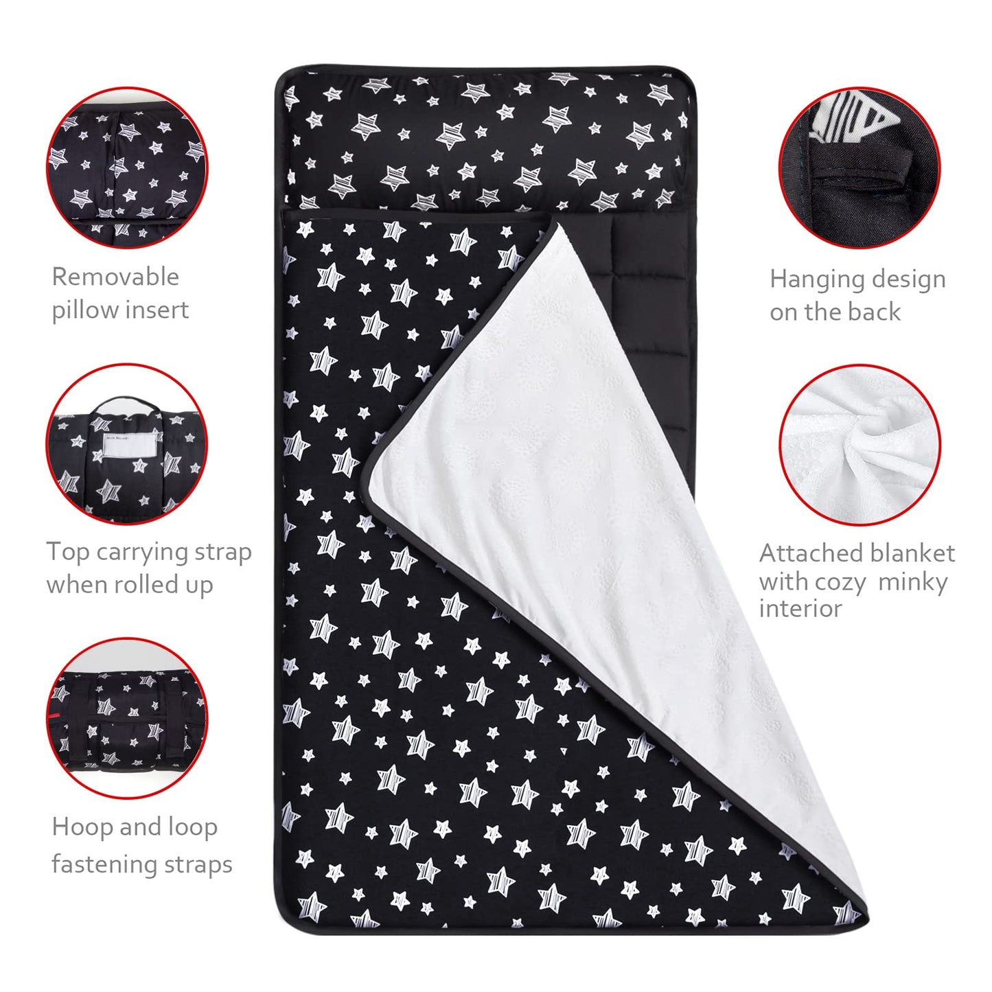 Toddler Sleeping Bag Nap Mat Black With Removable Pillow And Fleece Minky Blanket, Lightweight, Soft Perfect For Kids Preschool,