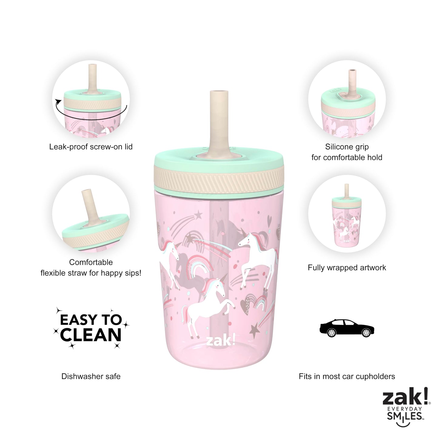 Zak Designs Kelso Toddler Cups For Travel Or At Home, 15Oz 2-Pack Durable Plastic Sippy Cups With Leak-Proof Design Is Perfect F