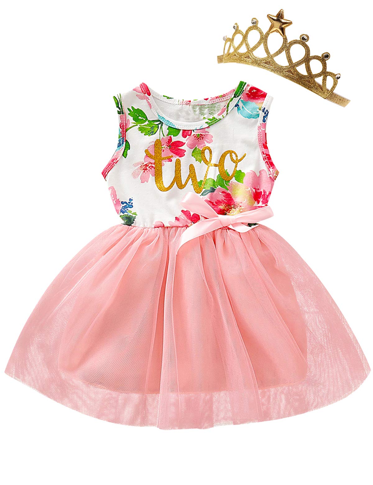 Shalofer Baby Little Girl Two Year Old Birthday Skirt Set Baby Girls 2Nd Birthday Floral Outfit Sets (Pink-Twogold, 2 T)