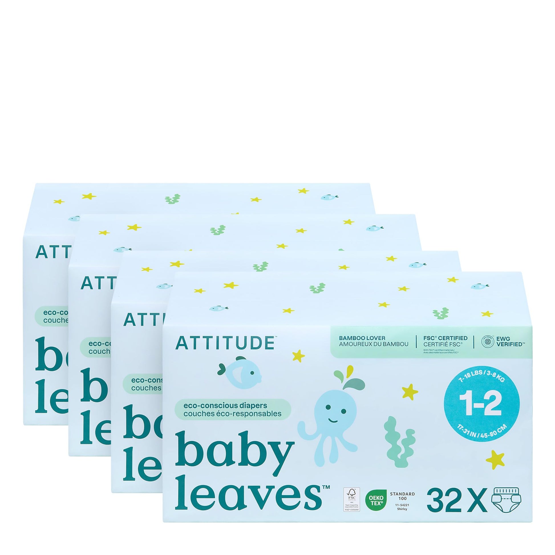 ATTITUDE Eco-Conscious Disposable Diapers, EWG Verified, Size 1/2 (7-17 lbs), Ultra Absorbent for Baby, Vegan & Plant-Based, 32 