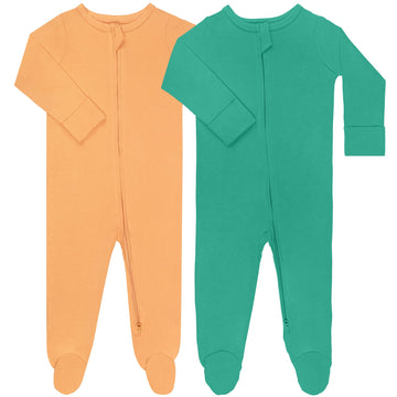 Guisby Footed Long Sleeve Baby Pajamas With Zipper Cotton Infant Sleepers Light Orange+Tree Green 6-9 Months
