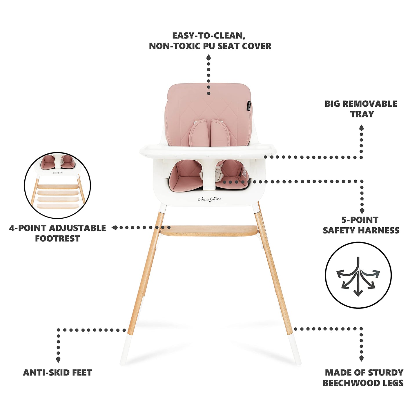 Dream On Me Nibble Wooden Compact High Chair In Pink| Light Weight | Portable |Removable Seat Cover I Adjustable Tray I Baby And