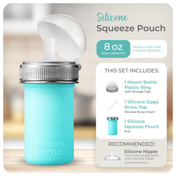Mason Bottle 8Oz Silicone Squeeze Pouch With Straw - Reusable Baby Food And Snack Pouch For Toddlers - Soft Food And Liquid Bott