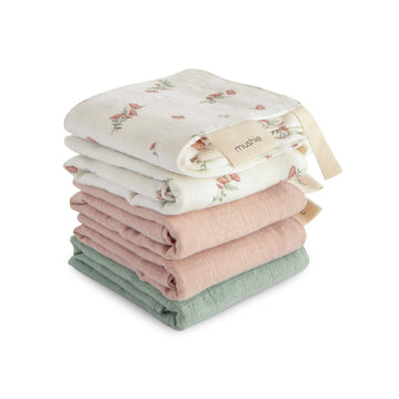 mushie Muslin Organic Cotton Washcloths 5-Pack (Pink Flowers Combo) | Soft Wipes for Baby Cleanups and Bathing