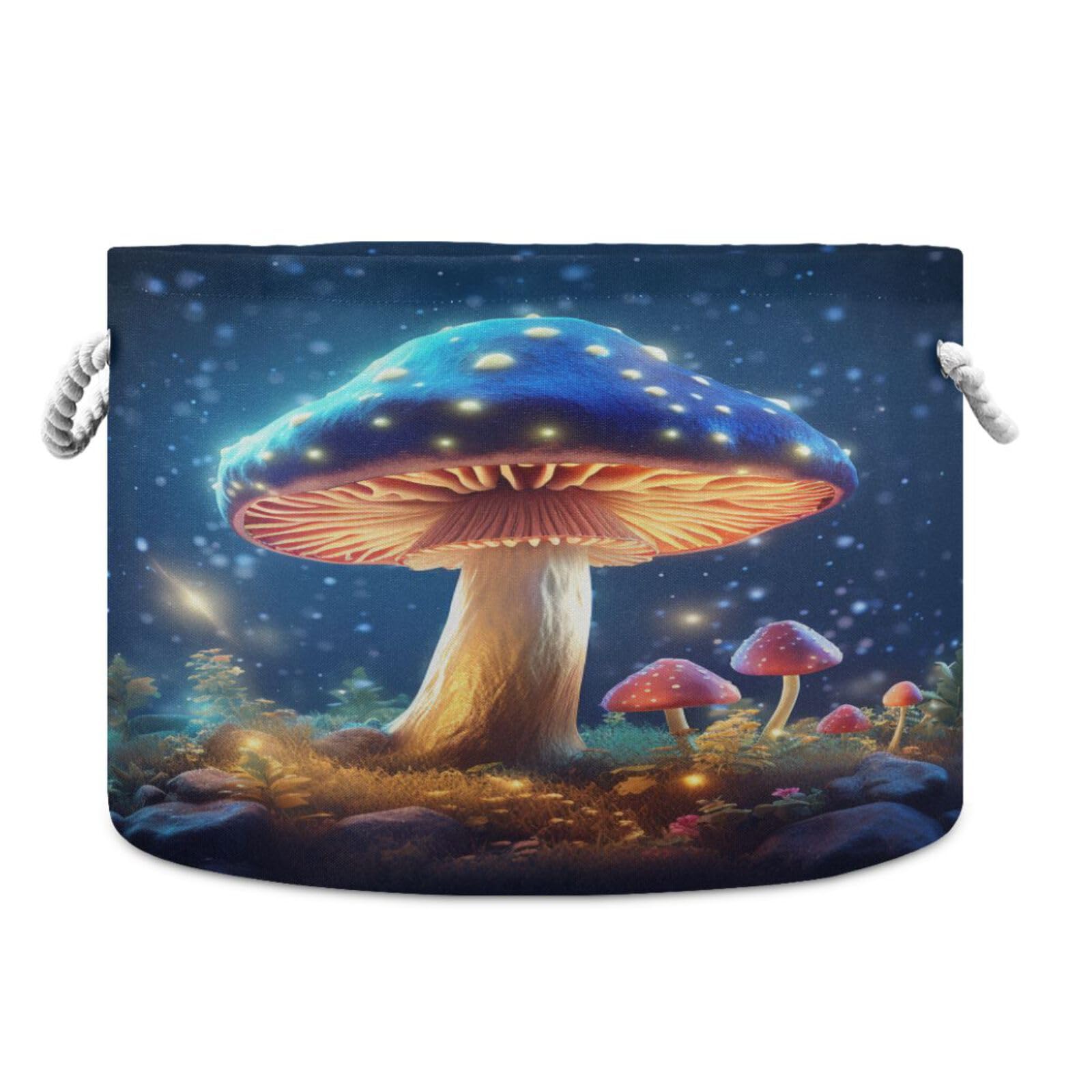 Canvas Storage Organizer Bin, Mushrooms Under The Stars Storage Basket Laundry Hamper with Handle for Clothes Playroom Decor, La
