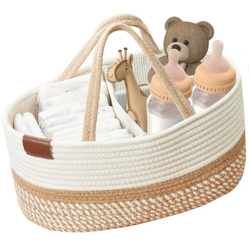 Decomomo Diaper Caddy, Baby Diaper Caddy Basket, Diaper Organizer For Changing Table Girl Boy Gift (Spiral Beige & White, Large)