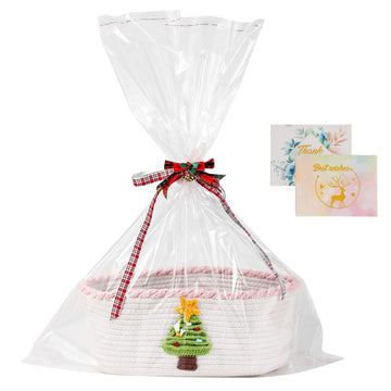 Easter Gift Basket Set Empty With Gift Cards | Bow | Ribbon | Cellophane Bag, Pink Baskets For Storage Cotton Rope Basket With H