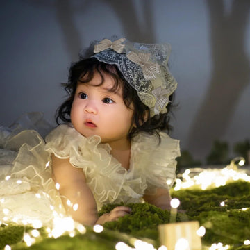Ickeyou Baby Girls Lace Headband Soft Elastic Lace Flower Headbands With Pearl Bowknot Handmade Hairband Wide Wrap Hair Accessor