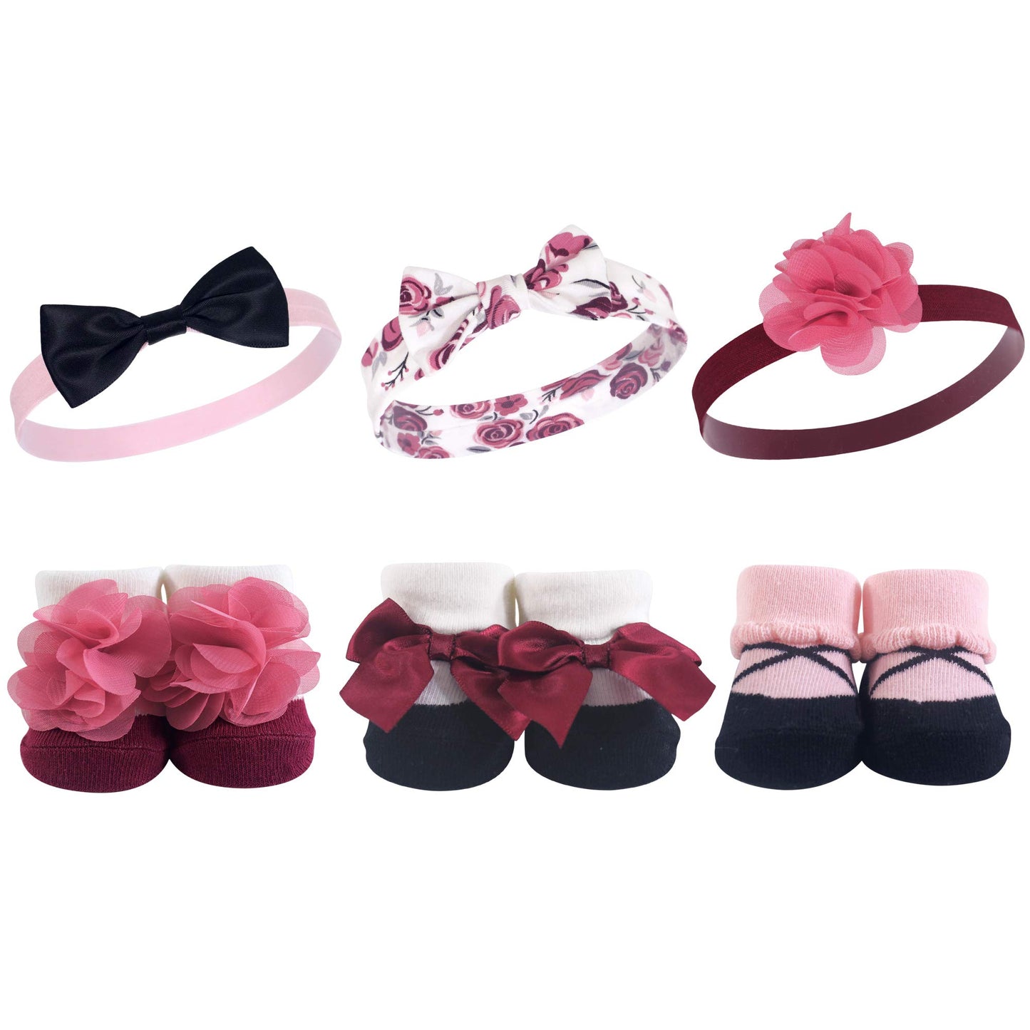 Hudson Baby Infant Girl Headband And Socks Giftset Burgundy Floral, One Size
