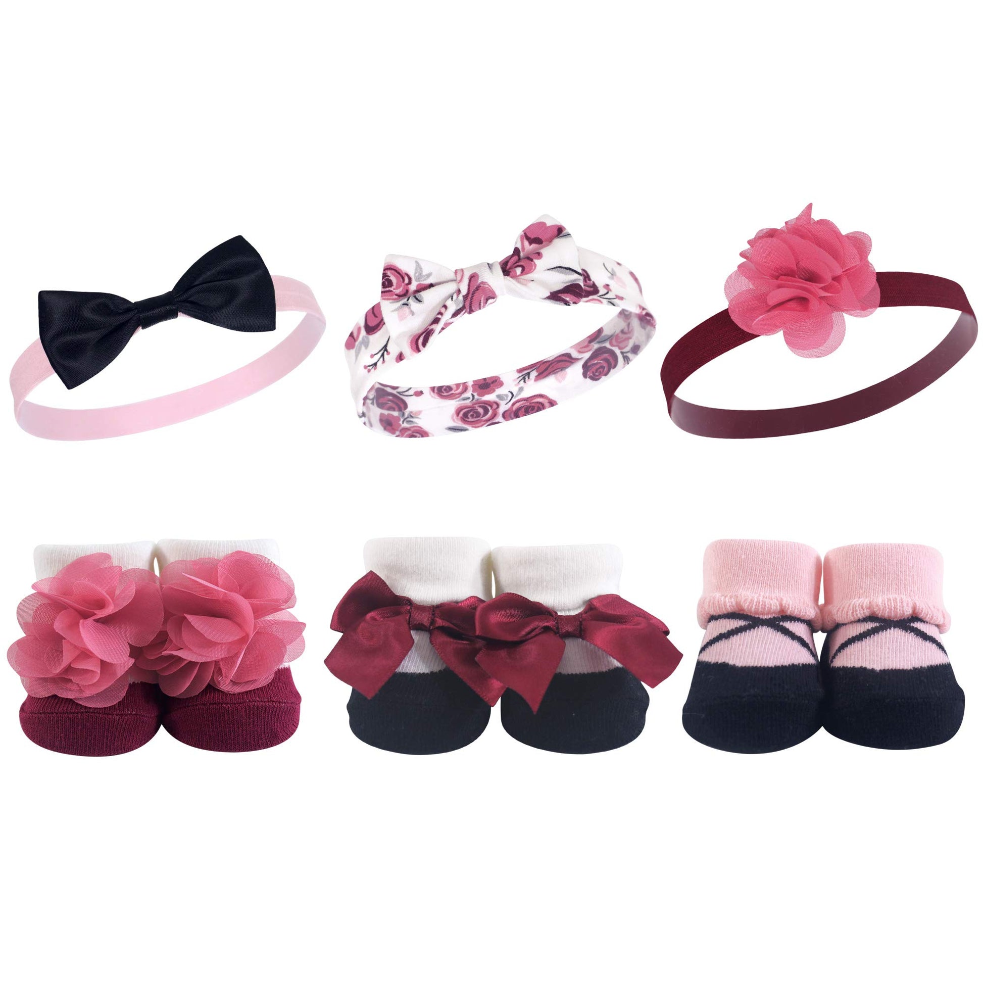 Hudson Baby Infant Girl Headband And Socks Giftset Burgundy Floral, One Size