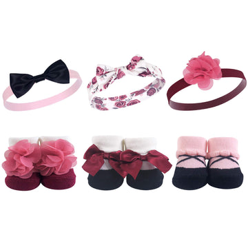 Hudson Baby Infant Girl Headband And Socks Giftset Burgundy Floral, One Size