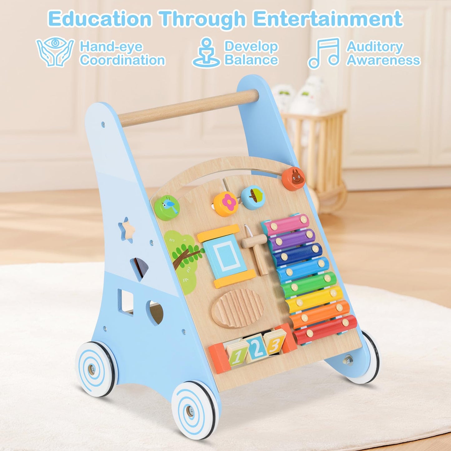 INFANS Wooden Baby Walker, Montessori Walker with Multiple Activity Toys, Storage, Push Toys for Infant Learning to Walk, Sit to