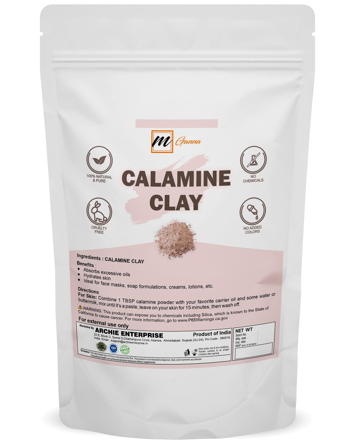 mGanna 100% Natural Calamine Clay Powder for Hair Masks, Scrubs, Creams, Lotion and Soap Making 0.22 LBS / 100 GMS