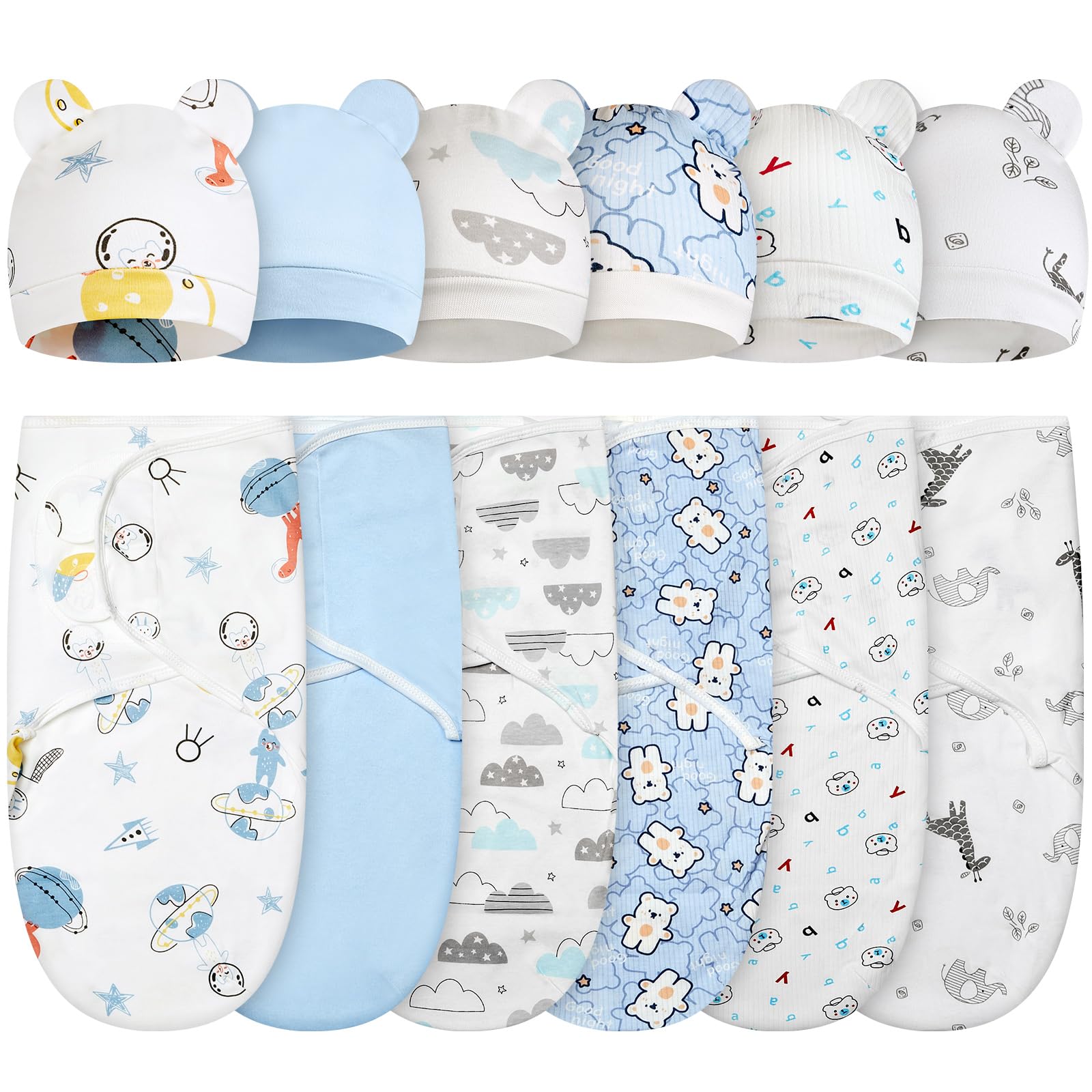 Ramede 6 Pack Swaddle Blanket with Hats Swaddle Outfit for 0-3 Months Newborn Sacks Soft Cotton Wearable for Girl and Boy(Bear,B