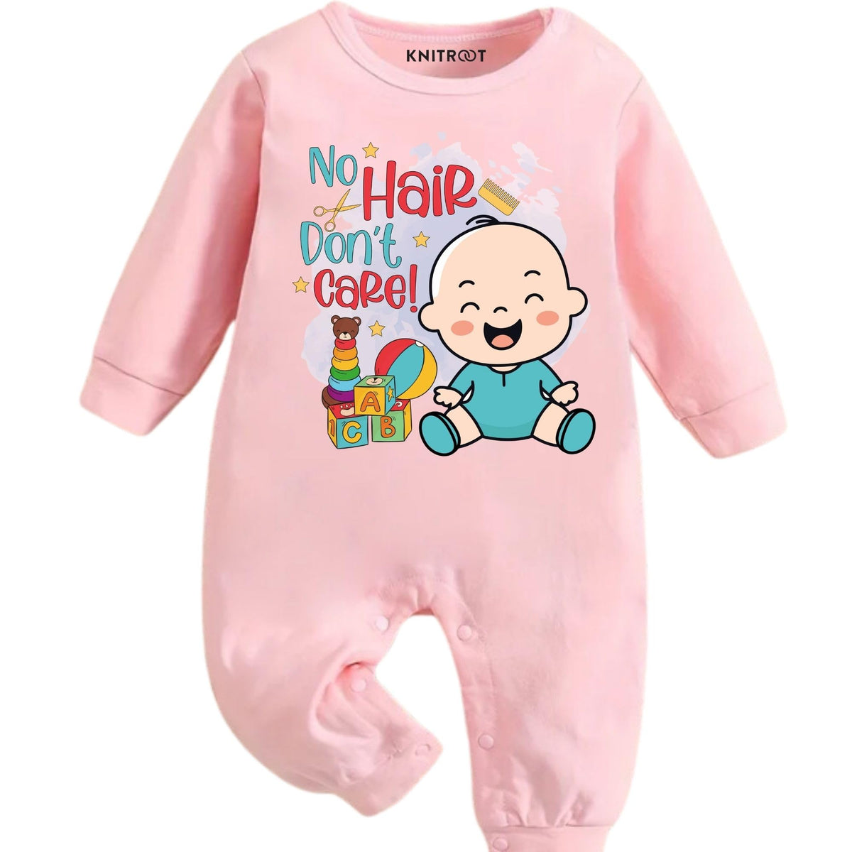 Knitroot Mundan Theme, No Hair DonT Care Text Printed, Full Sleeves, ShoulderSnapButtons, Cotton Jumpsuit, Rompers For New Bo
