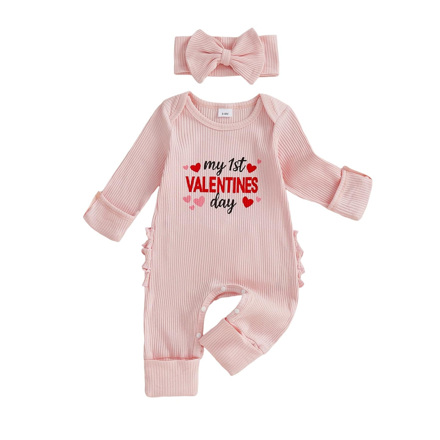 Mieeyali My First Valentines Day Baby Girl Outfit Knit Ruffle Romper Jumpsuit Cute Preemie Infant Newborn Spring Clothes (Pink V