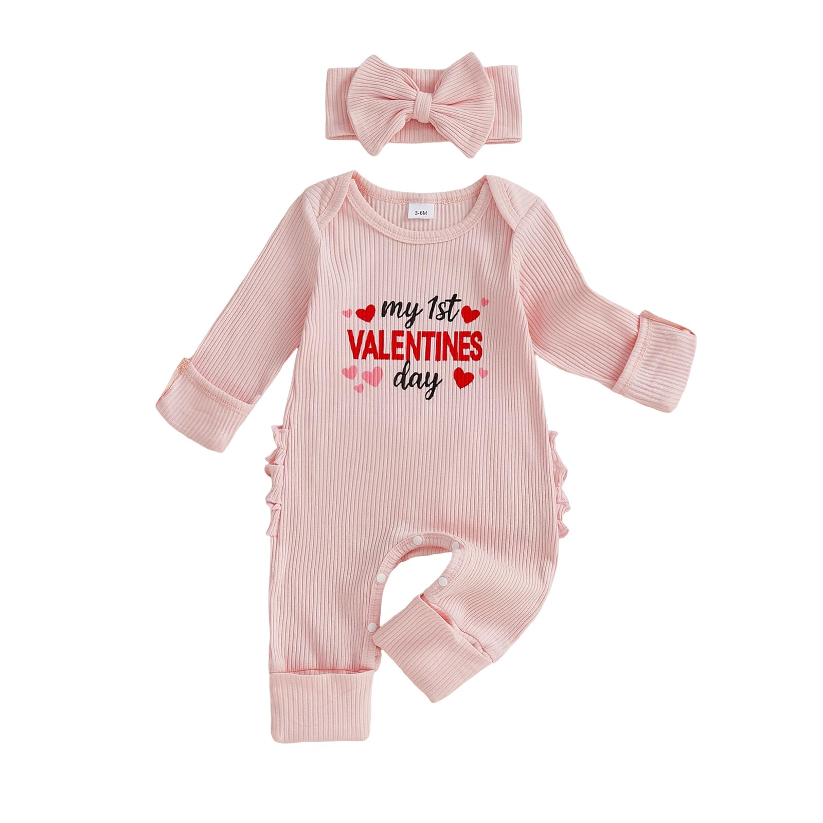 Mieeyali My First Valentines Day Baby Girl Outfit Knit Ruffle Romper Jumpsuit Cute Preemie Infant Newborn Spring Clothes (Pink V
