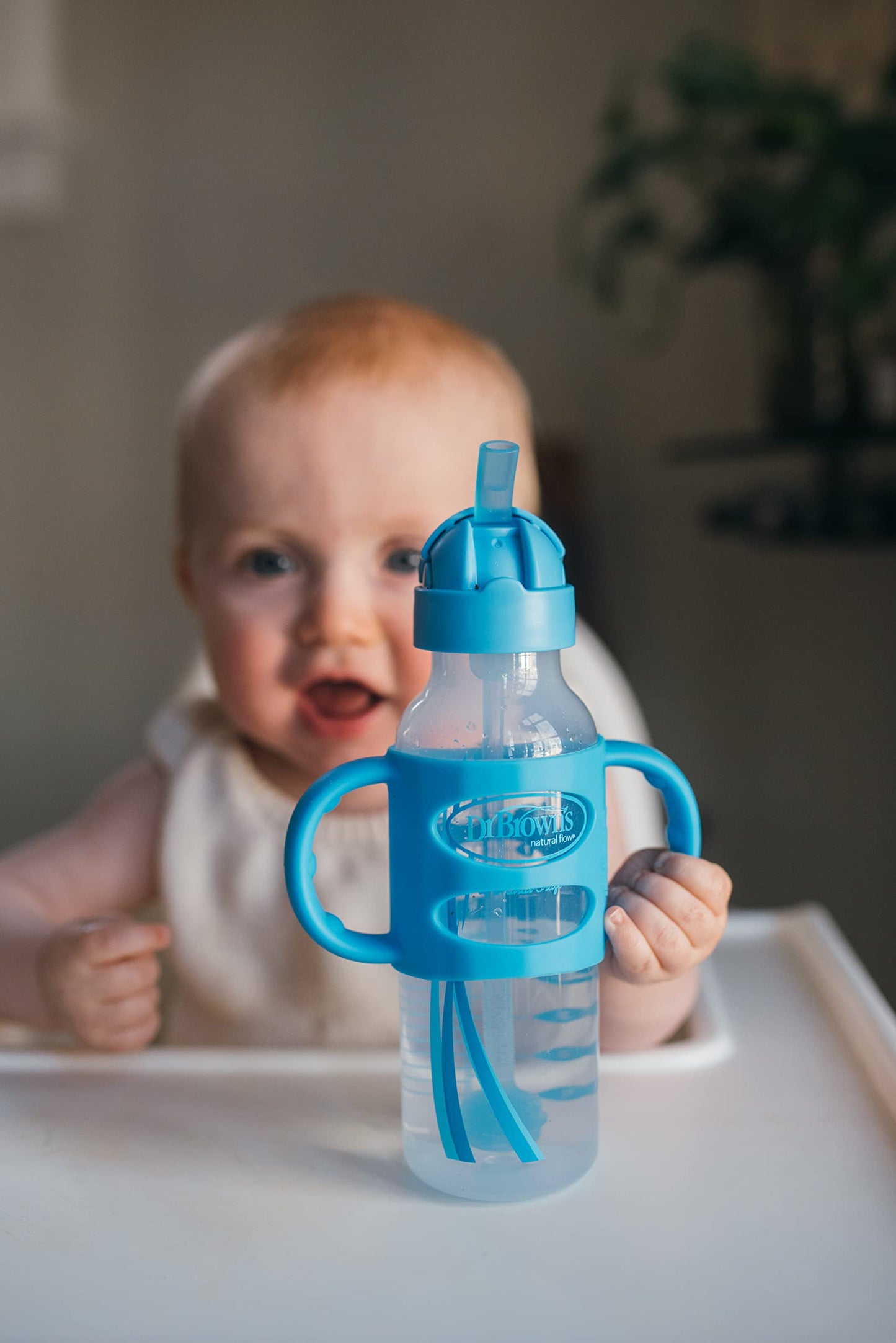 Dr. Brown'S Milestones Narrow Sippy Straw Bottle, Spill-Proof With 100% Silicone Handles And Weighted Straw, 8 Oz/250 Ml, Blue,