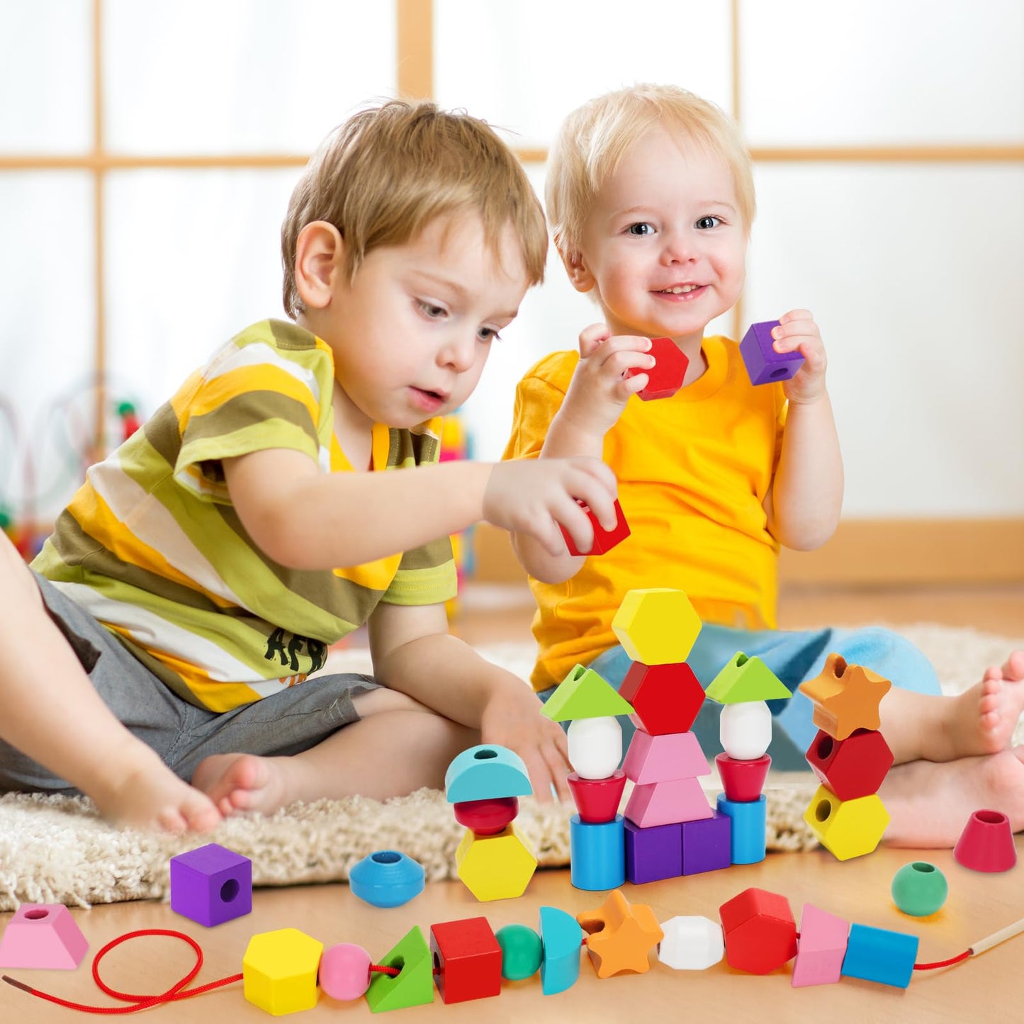 TooyBing Montessori Wooden Lacing Beads Toys for 2 3 4 Year Old Toddler Kids, Sequencing & Stacking Block Toy with Storage Box,