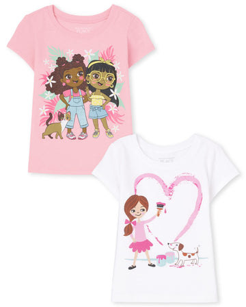 The Children'S Place Baby Toddler Girls Short Sleeve Graphic T-Shirt 2-Pack, Girl & Dog/Girls & Cat, 12-18 Months