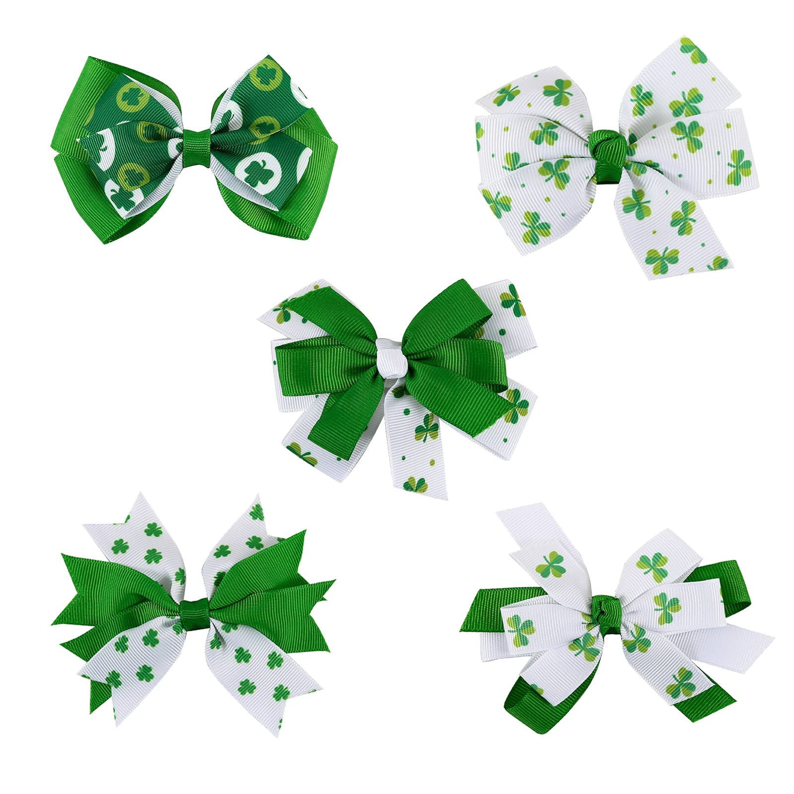 5Pcs St Patricks Day Hair Bow Clips, Irish Green Shamrock Hair Bow Hair Barrette, Handmade Grosgrain Ribbon Bows St Patricks Hai